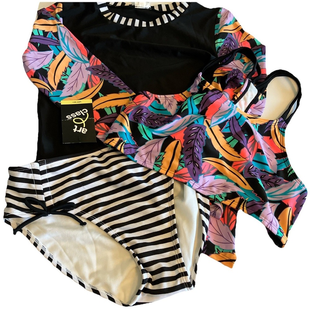 Art Class Tankini Set Girls 18 Black New Tropical 3 Piece Rash Guard UPF 50+